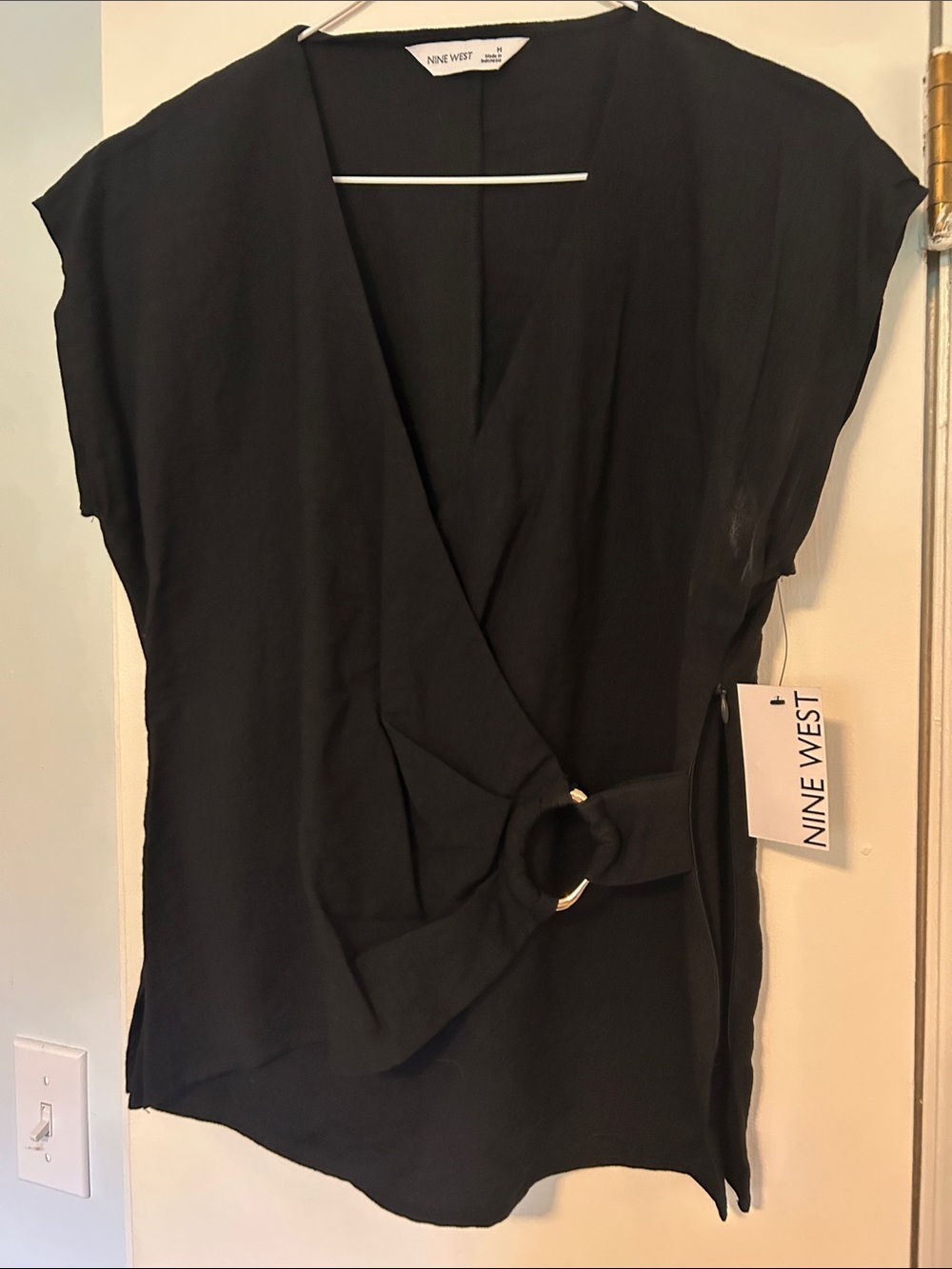 Nine West Black Wrap Top with Ring Accent